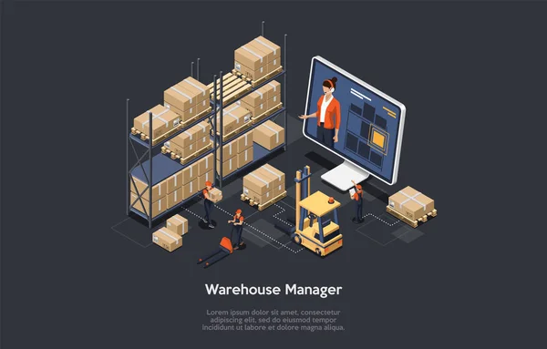 Concept de gestionnaire en ligne d'entrepôt isométrique. Processus de composition de la gestion des entrepôts en ligne, y compris le chargement et le déchargement des marchandises, le tri et l'entreposage des stocks. Illustration vectorielle — Image vectorielle