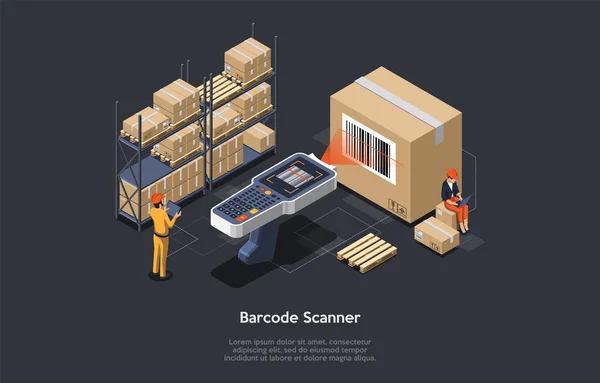 Isometrische magazijn manager of magazijn medewerker met grote barcode scanner controleert goederen. Procedure voor het scannen, laden en lossen van goederen. Inventarisatie. Vectorillustratie — Stockvector