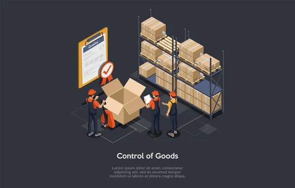 Isometric control of goods concept. Warehouse workers are checking goods, certificate of quality with checkmark for stock quality, quality control of cardboard parcel boxes, process of packaging cargo — ストックベクタ