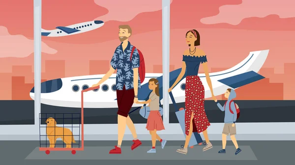 Happy Family viajam juntos. Pais com filhos no aeroporto prontos para férias. Estilo plano. Ilustração vetorial —  Vetores de Stock