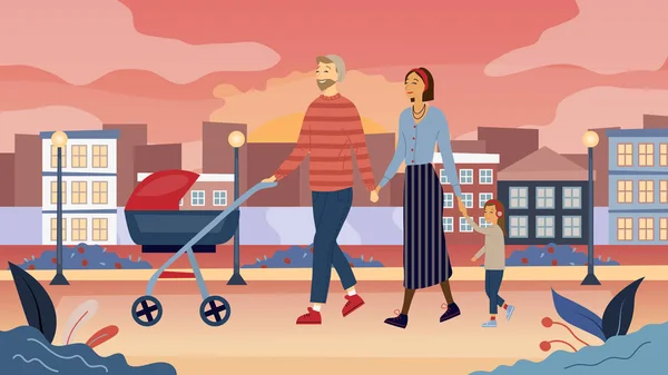 Família jovem com carrinho e criança está andando no parque ao ar livre com fundo cityscape. Estilo plano. Ilustração vetorial —  Vetores de Stock