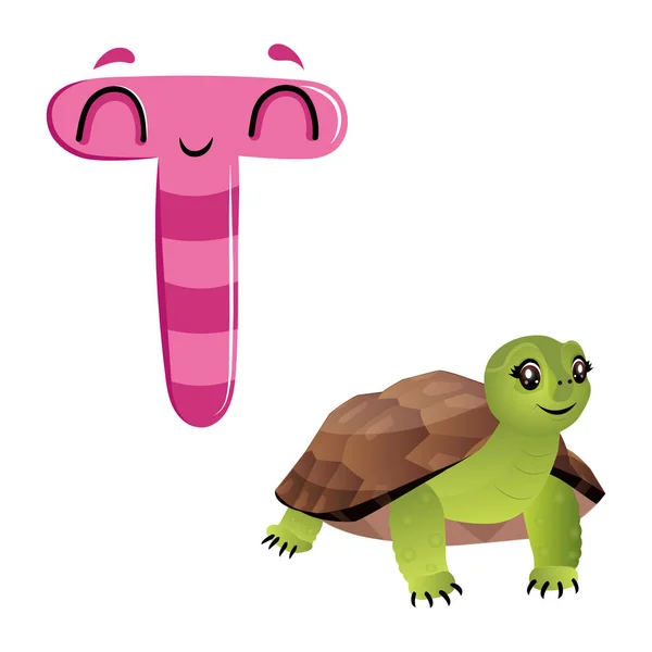 Vektor aranyos gyerekek rajzfilm ábécé. T betű teknőssel elszigetelve a fehér háttéren. Lapos stílus. Vektorillusztráció — Stock Vector