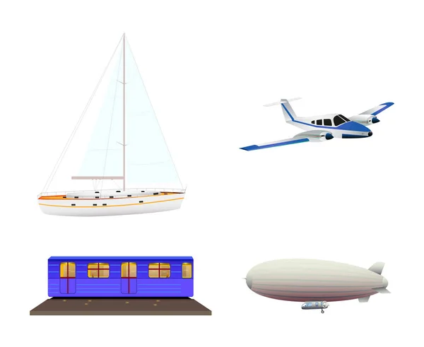 Set ikon mode transportasi yang terdiri dari yacht, pesawat, metro, zeppelin diisolasi dengan latar belakang putih. Gaya datar. Ilustrasi vektor - Stok Vektor