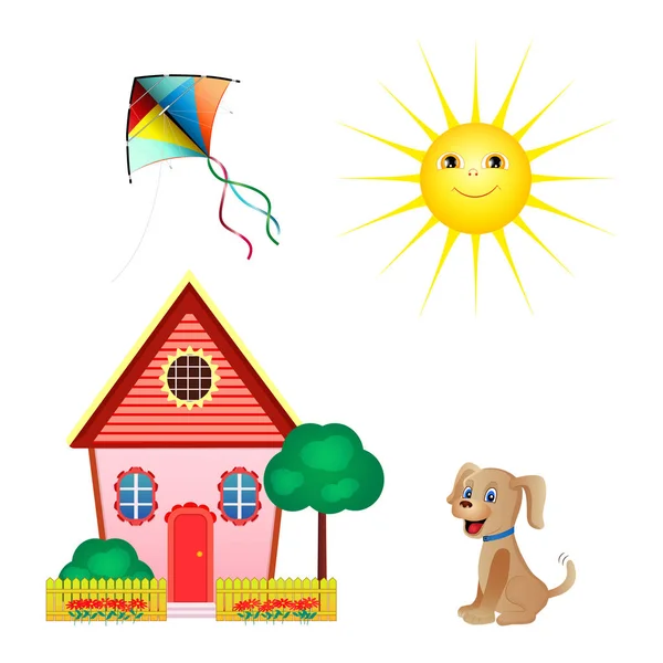 Nastavit ikony draka, slunce, dům, pes izolovaný na bílém pozadí. Plochý. Vektorová ilustrace — Stockový vektor