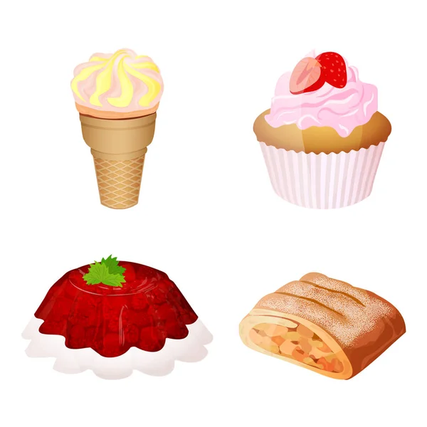 Conjunto de iconos de productos de confitería que consta de helado, magdalena, jalea, strudel de manzana aislado sobre fondo blanco. Estilo plano. Ilustración vectorial — Vector de stock