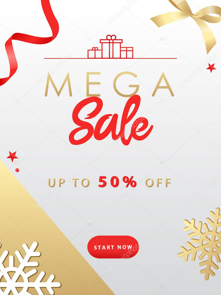 Mega sale banner. Sale and discounts. Banner with ribbons, bows, snowflakes, gift boxes and place for text. Flat style. Vector illustration