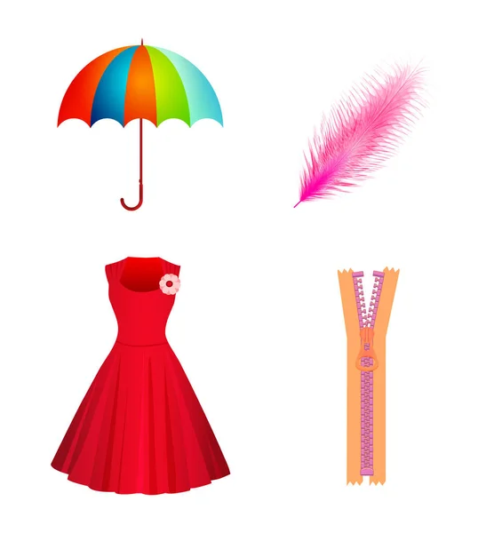 Set ikoner av paraply, klänning, Quill, blixtlås isolerad på vit bakgrund. Platt stil. Vektorillustration — Stock vektor