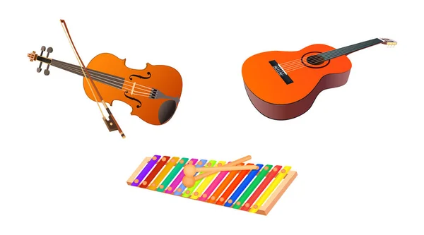 Hudební nástroje Sada ikon skládající se z houslí, kytary, xylofonu Izolované na bílém pozadí. Plochý. Vektorová ilustrace. — Stockový vektor