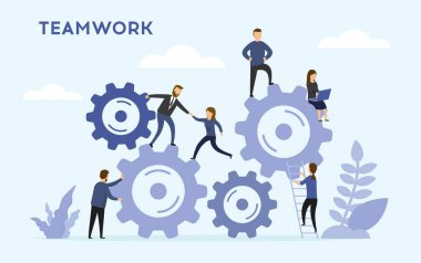 Takım çalışması konsepti. İş adamlarının mekanizma bağlantıları, vitesli soyut arka plan, insanlar iş tanıtımı, strateji analizi yapıyor. Düz stil. Vektör illüstrasyonu