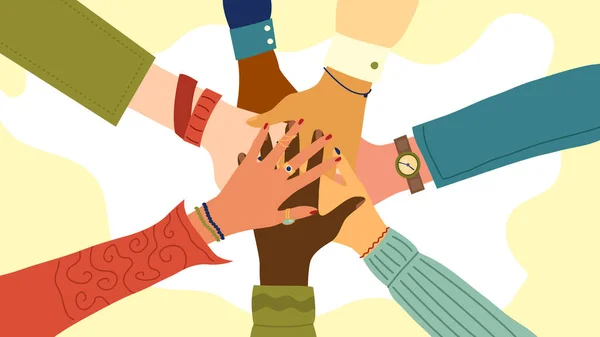Hands of diverse group of people putting together. Concept of teamwork, cooperation, unity, togetherness, partnership, agreement, social community or movement. Flat style. Vector illustration — Stock Vector