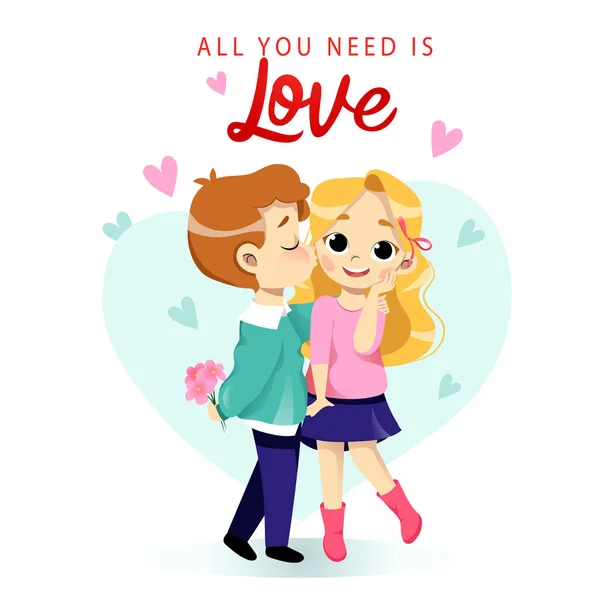 Una joven pareja de dibujos animados se está besando románticamente, abrazándose. Lugar para el texto. Estilo plano. Ilustración vectorial — Vector de stock