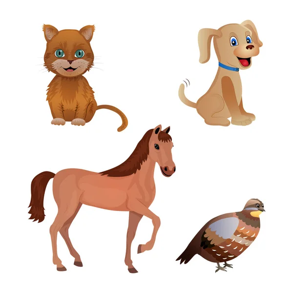 Conjunto de diferentes animales aislados sobre el fondo blanco. Gato, perro, caballo, codorniz. Estilo plano. Ilustración vectorial — Vector de stock