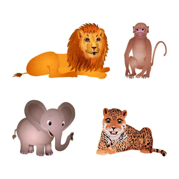 Conjunto de diferentes animales aislados sobre el fondo blanco. León, mono, elefante, tigre. Estilo plano. Ilustración vectorial — Vector de stock