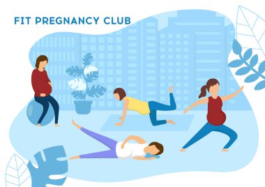 Hamile Kadınlar İçin Sağlıklı Kulüp Trendi Web Afişi, İniş Sayfası Şablonu. Çocuk doğurmayı beklemek, hamile kadınların spor salonunda fiziksel egzersiz yapması. Düz stil. Vektör illüstrasyonu