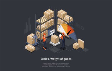 Isome depo kargo konsepti. Endüstriyel depo binasını temsil eden Iinfographic elemanı ve kargo nesnelerini tartan işçiler. Düz stil. Vektör illüstrasyonu
