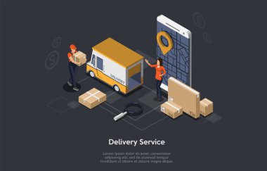 Postal Yellow Van, Mobile Phone, Courier ve Costumer ile teslimat hizmeti uygulaması. Şehir Haritası Arkaplanlı Nakliye Aracı ve Cep Telefonu. Düz stil. Vektör illüstrasyonu