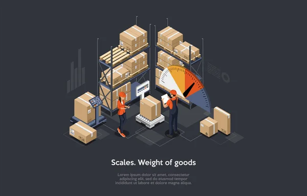 Isometric warehouse cargo concept. Iinfographic element representing industrial warehouse building with workers weighing the cargo Objects on Scales. Flat style. Vector illustration — 스톡 벡터