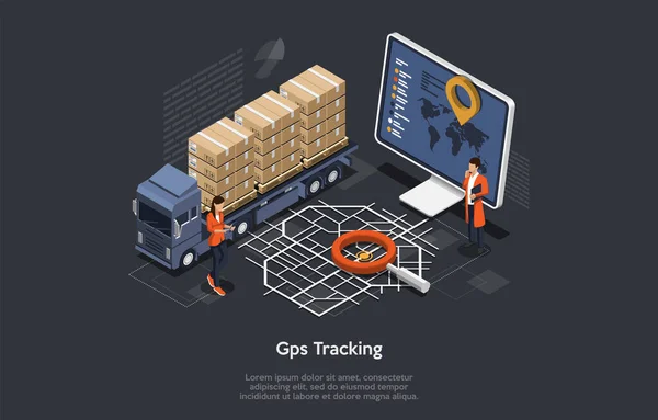 Isometrische Online Cargo Delivery Tracking System met GPS-positie van de truck. Werknemers monitoren de locatie van de truck op de kaart. Platte stijl. Vector Illustratie — Stockvector
