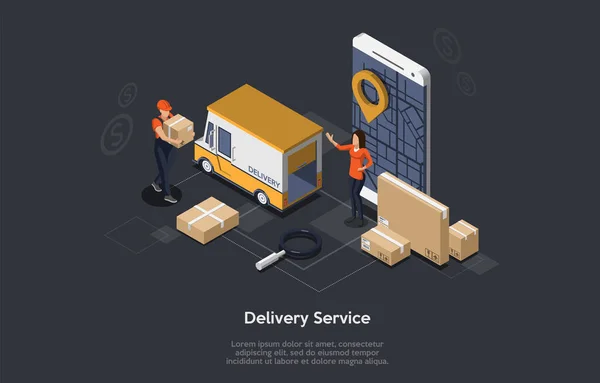 Delivery Service app met Postal Yellow Van, mobiele telefoon, koerier en klant. Bestelwagen en mobiele telefoon met City Map achtergrond. Vlakke stijl. Vectorillustratie — Stockvector