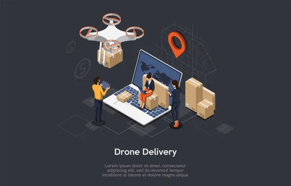 Isometric Drone Fast Delivery of goods with city map. Technological shipment innovation concept. Workers control the delivery. Autonomous logistics. Flat style. Vector illustration — 스톡 벡터