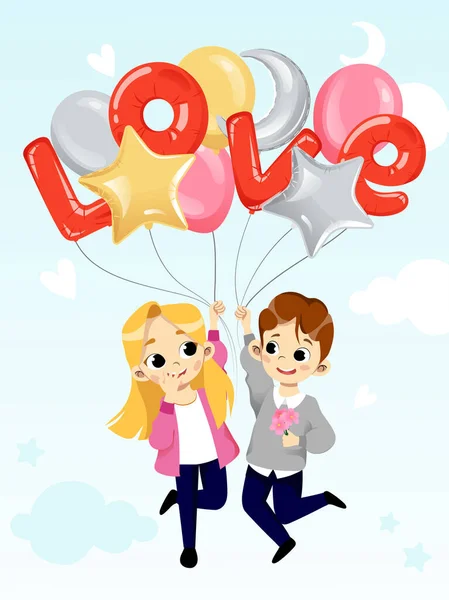 Garçon et fille joyeux tiennent des ballons à air. Le garçon tient les fleurs. Style plat. Illustration vectorielle — Image vectorielle