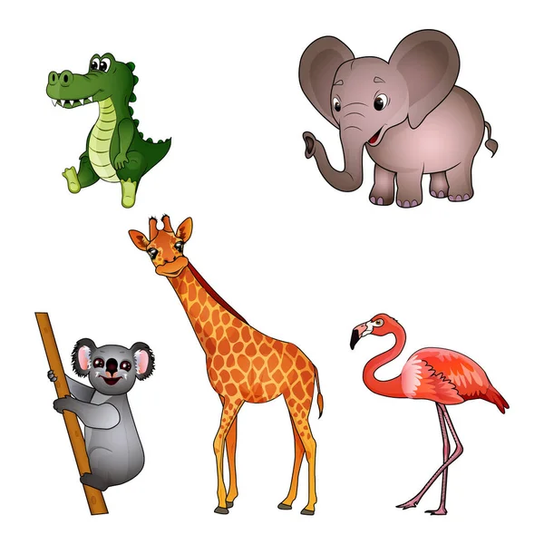 Conjunto de diferentes animales aislados sobre el fondo blanco. Cocodrilo, Elefante, Koala, Jirafa, Flamenco. Estilo plano. Ilustración vectorial — Vector de stock