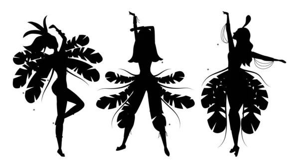 Set von Silhouetten brasilianischer Samba-Tänzer. Karnevalsmädchen tragen ein Festkostüm und tanzen. Vektorillustration — Stockvektor