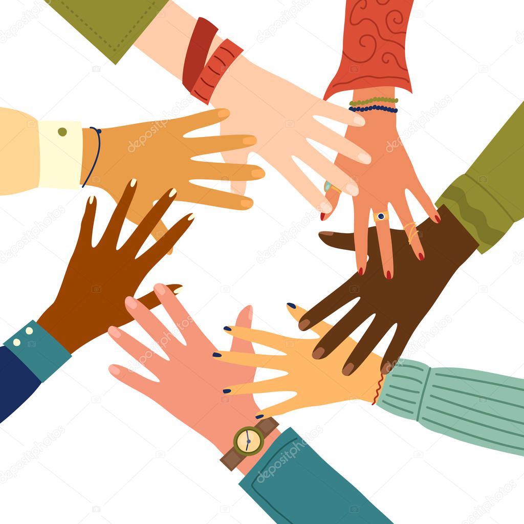 Teamwork concept. Friends with stack of hands showing unity and teamwork, top view. Young people are putting their hands together. Flat style. Vector illustration
