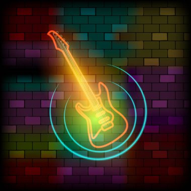 Vip neon icons concept. Neon Guitar Icon on the dark brick wall background. Flat style. Vector illustration