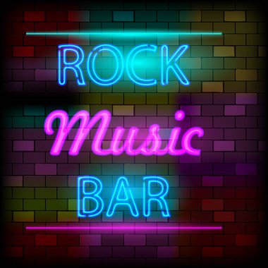 Vip neon icons concept. Neon Rock Music Bar Sign on the dark brick wall background. Flat style. Vector illustration