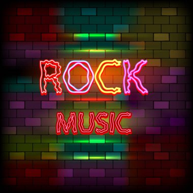 Vip neon icons concept. Neon Rock Music Sign on the dark brick wall background. Flat style. Vector illustration