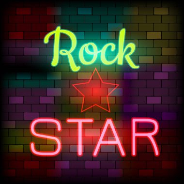 Vip neon icons concept. Neon Rock Star Sign on the dark brick wall background. Flat style. Vector illustration