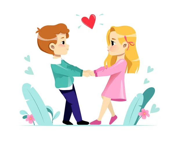 Boldog Valentin-napot! A szerető pár fogja egymás kezét. Vicces rajzfilmfigura. Lapos stílus. Vektorillusztráció — Stock Vector