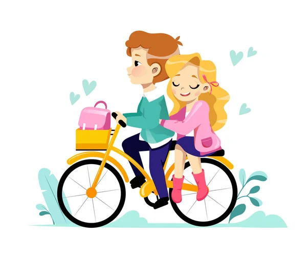 Joven pareja amorosa montando bicicleta juntos. Vacaciones de verano Tiempo libre, Tiempo libre, Viaje romántico. Relaciones amorosas. Estilo plano. Ilustración vectorial — Vector de stock