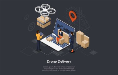 Şehir haritalı Isometric Drone hızlı mal teslimatı. Teknolojik sevkiyat yenilik kavramı. Teslimatı işçiler kontrol ediyor. Otonom lojistik. Düz stil. Vektör illüstrasyonu