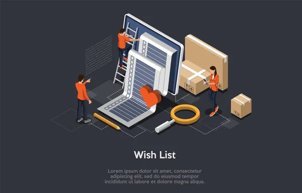 Isometric Wish List concept. Personnages de personnes minuscules Préparer la liste de souhaits à remplir. Illustration vectorielle — Image vectorielle