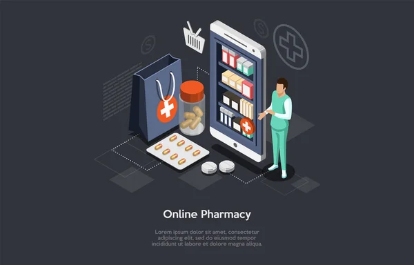 Isometric Online Pharmacy Store a Man Doctor pharmacy. Zdravotní péče, on-line objednávání léků koncept. Vektorová ilustrace — Stockový vektor