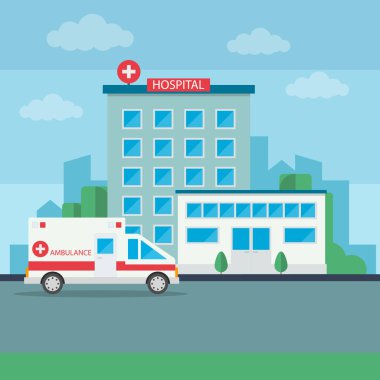 Sağlık ve Tıp Konsepti 'nden. Ambulanslı Modern Hastane Binası. Düz stil. Vektör İllüzyonu