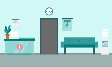 Sağlık ve tıp konsepti. Modern tıbbi klinik resepsiyonu mobilyalarla dolu. Düz stil. Vektör illüstrasyonu