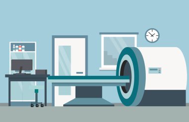 Manyetik Rezonans Terapisi Kabinesi. Hastanedeki manyetik rezonans görüntüleme makinesi taraması için teşhis cihazları. Hastanedeki MR 'lı Tomografi. Düz stil. Vektör İllüstrasyonu