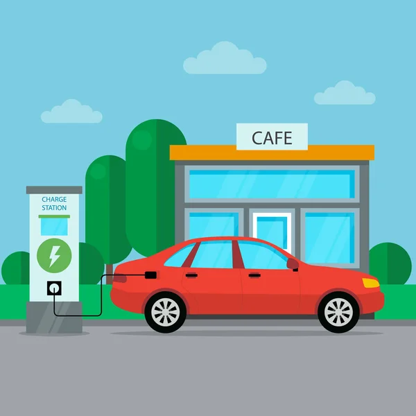 电动汽车充电站图标与咖啡店。 休息的地方。 平淡的风格。 矢量说明 — 图库矢量图片