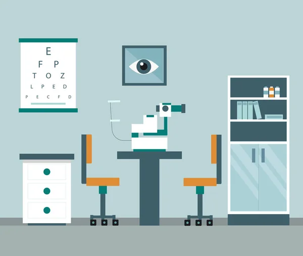 Orvosi és egészségügyi koncepció. Szemészeti kabinet és felszerelés a betegek látásának vizsgálatához. Lapos stílus. Vektorillusztráció — Stock Vector