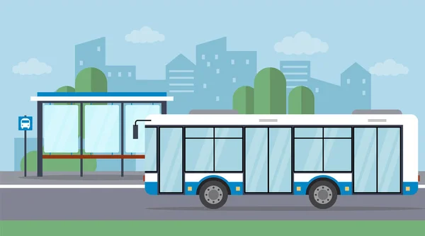 Στάση λεωφορείου με την άφιξη του λεωφορείου στο φόντο Cityscape. Επίπεδο στυλ. Εικονογράφηση διανύσματος — Διανυσματικό Αρχείο