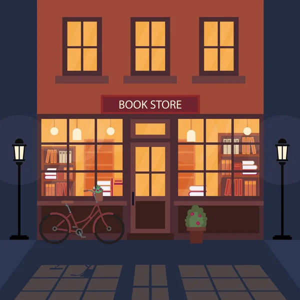 Librería, fachada del edificio de librería. Hay muchos libros en los estantes. Hermosa bicicleta cerca del edificio. Tienda literaria. Estilo plano. Ilustración vectorial — Vector de stock