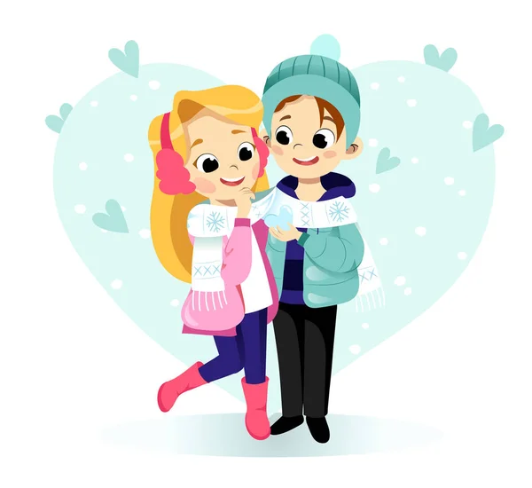 Joyeux concept de Saint Valentin. Aimer couple est câlin et le garçon montre coeur de glace à la fille. Drôle de personnage de dessin animé. Style plat. Illustration vectorielle — Image vectorielle