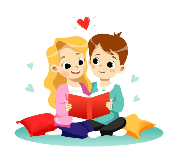 Gyermeknevelési koncepció. Boldog Aranyos Rajzfilm Fiú És Lány Olvasnak A Könyvet. Lapos stílus. Vektorillusztráció — Stock Vector