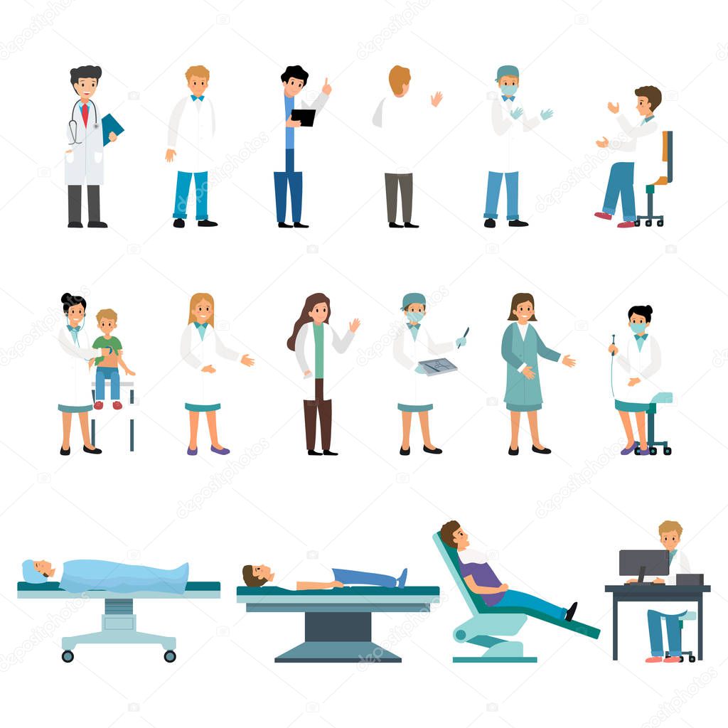 Medical Team Concept. Group Of Doctors, Nurses And Patients Set Isolated On The White Background. Flat Style. Vector Illustration