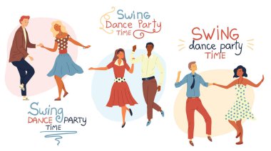 Swind Dance Parti Zamanı Konsepti. Genç Çiftler Dans Ediyor Swing, Rock and Roll veya Lindy Hop. Düz stil. Vektör İllüstrasyonu