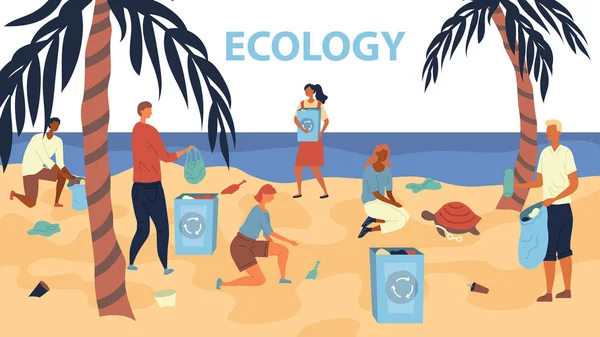 Ecology Protection Concept. Des bénévoles ramassent des ordures dans des sacs sur la plage. Pollution du bord de mer avec différents types de déchets. Style plat. Illustration vectorielle — Image vectorielle