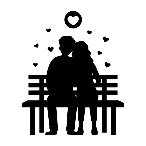 Black Silhouete of Couple in love est assis sur le banc du parc. Jolies décorations de cœurs. Sortir ensemble. Park Love. Style plat. Illustration vectorielle — Image vectorielle